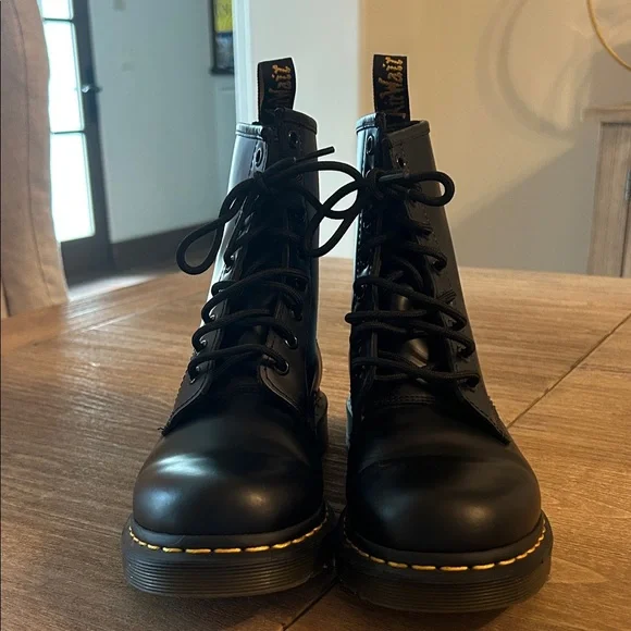 Dr. Martens Black Leather Boots with Yellow Stitching - Picture 4 of 7